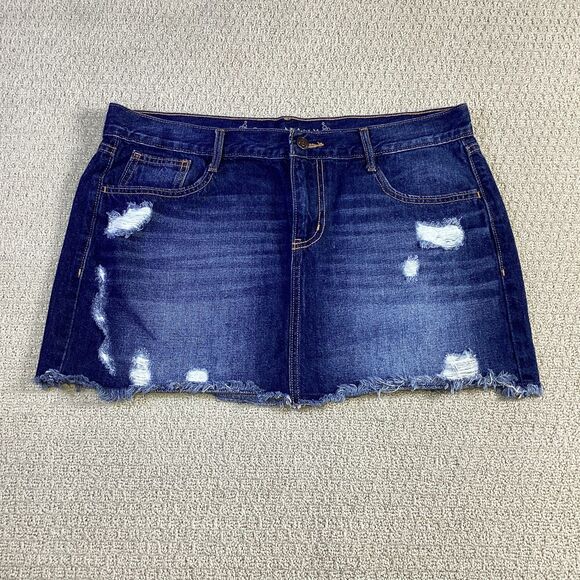 Old Navy Denim Mini Skirt Size 12 Dark Wash Distressed Frayed Hem - Picture 1 of 5